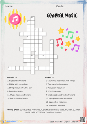 Music Instruments Crossword Puzzle - Grades 3-6 Worksheet