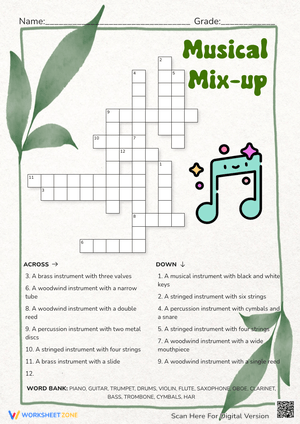 Musical Instruments Crossword Puzzle - Grades 3-6 Fun!