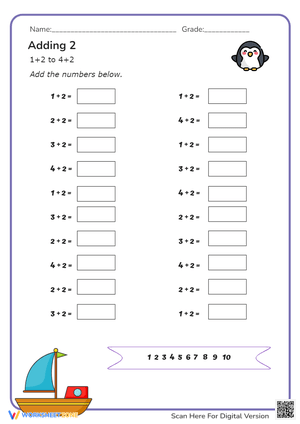 Adding 2 Worksheet for Kindergarten