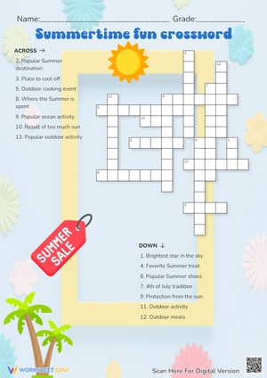 Summertime Fun Crossword Puzzle - Summer Vocabulary Worksheet