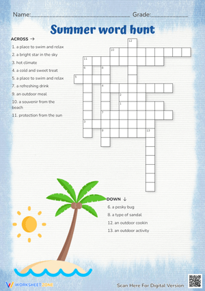 Summer Fun Crossword Puzzle - Vacation Activities Worksheet
