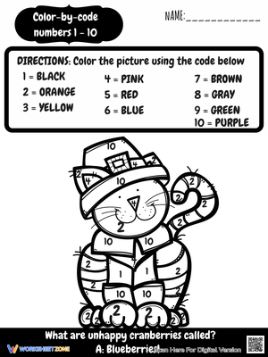 Thanksgiving Cat Color by Code Worksheet