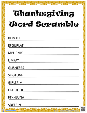 Engaging Thanksgiving Word Scramble Worksheet