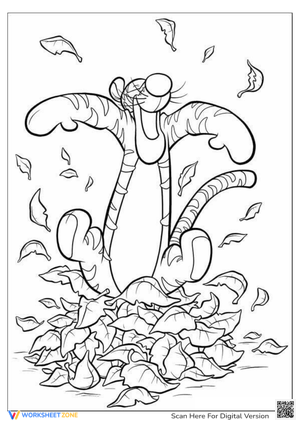 Tigger Playing with Leaves Thanksgiving Coloring Page