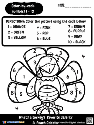 Thanksgiving Turkey Color by Code Worksheet