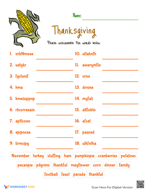 Challenging Thanksgiving Word Scramble Puzzle