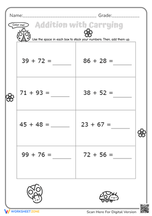 Ladybug Addition with Carrying - Math Worksheet for 2nd/3rd Grade