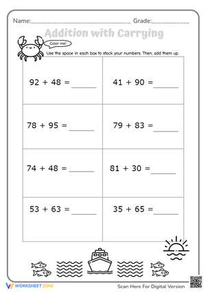 Ocean Addition with Carrying: 2-Digit Math Fun!