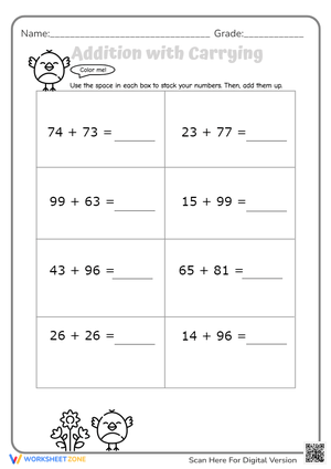 Addition with Carrying Worksheet - 2-Digit Problems & Cute Chicks