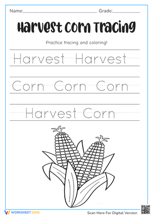 Harvest Corn Tracing and Coloring for Kids 