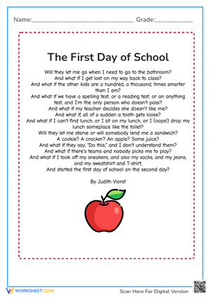 The First Day of School' Poem Worksheet - Judith Viorst, Grades 2-4