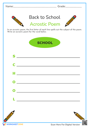 Back to School Acrostic Poem - 'SCHOOL' Writing Activity for Kids