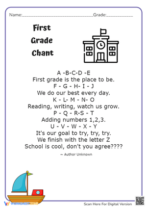 First Grade Chant Worksheet - ABCs, Numbers 123, & School Fun!