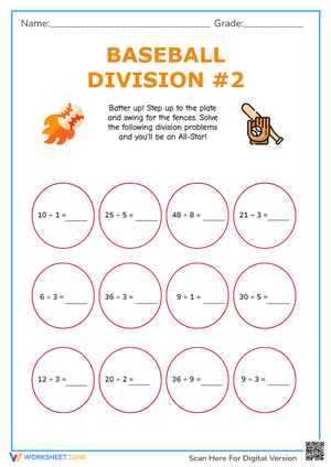 Baseball Division #2 Worksheet - Math Practice for 2nd & 3rd Grade