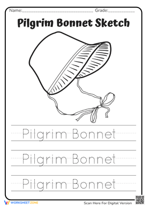 Pilgrim Bonnet Sketch: Trace and Color Worksheet