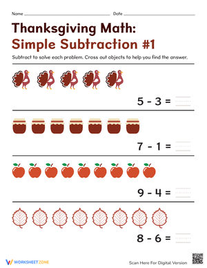 Printable Thanksgiving Subtraction Worksheet | Grade K-1