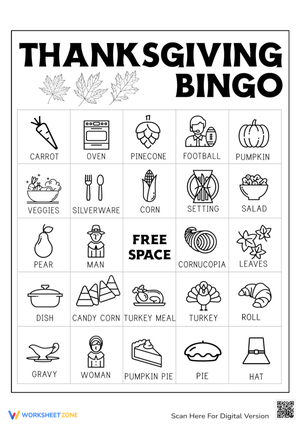 Themed Thanksgiving Bingo Card for Kids
