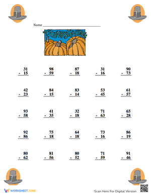 Thanksgiving Subtraction with Regrouping Worksheet