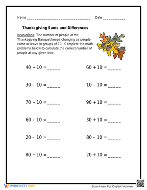 Thanksgiving Sums and Differences Worksheet
