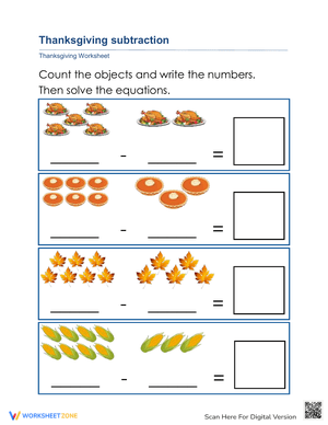 Thanksgiving Subtraction Practice Worksheet