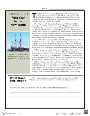 The Pilgrims' First Year Worksheet