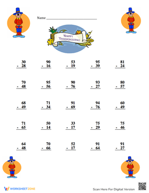 Thanksgiving Subtraction with Regrouping Practice