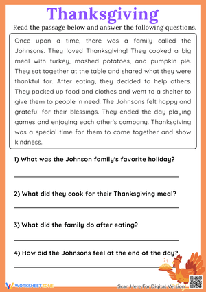 Thanksgiving Reading Comprehension Passage Worksheet