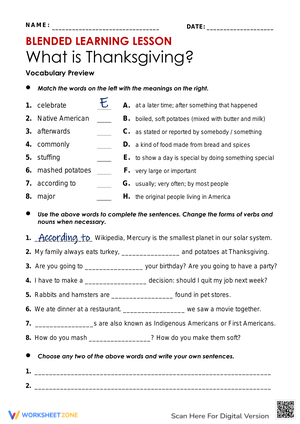 Thanksgiving Lesson with Vocabulary Practice