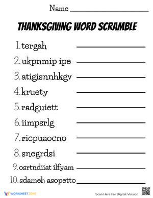 Thanksgiving Word Scramble Activity for Fall