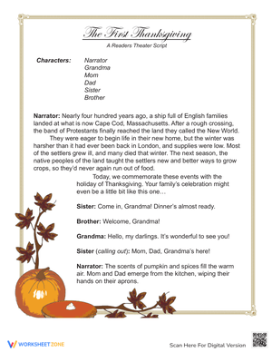 The First Thanksgiving Readers Theater Worksheet