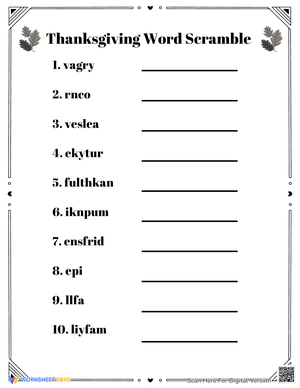 Thanksgiving Word Scramble for Fall Activities