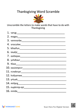 Thanksgiving Word Scramble for Older Kids