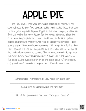 Thanksgiving Reading: Apple Pie Recipe and Comprehension