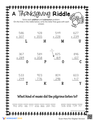 Thanksgiving Math Riddle: Addition and Subtraction Puzzle