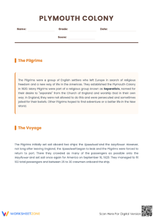 Plymouth Colony Reading Comprehension | Essential Grade 8-9