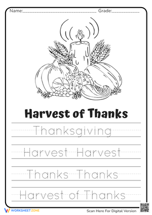 Harvest of Thanks Handwriting and Coloring Worksheet