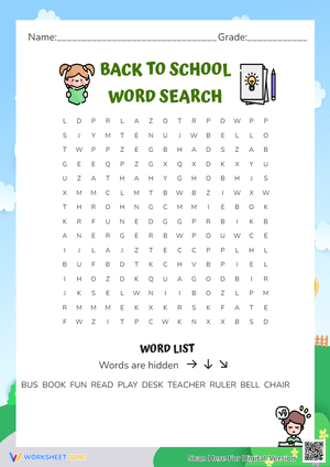 Back to School Word Search - Easy 1st-3rd Grade Puzzle