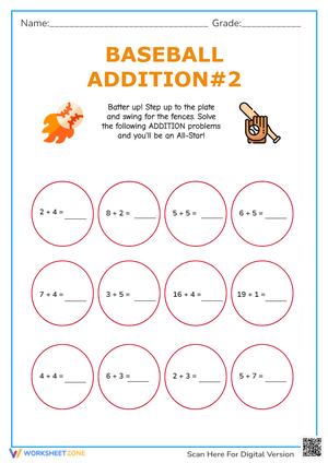 Baseball Addition Worksheet #2 - Math Facts Practice