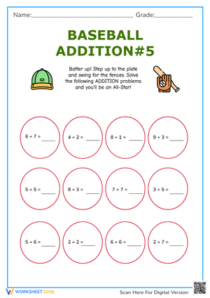 Baseball Addition #5 Worksheet - Math Practice for Kids!