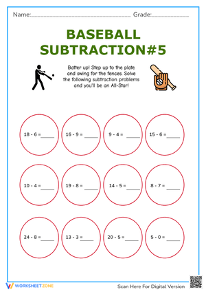 Baseball Subtraction Practice - Math Worksheet for Kids #5