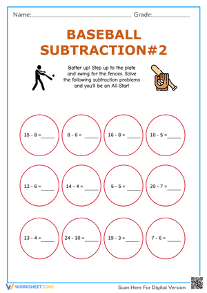Baseball Subtraction #2 - Math Practice Worksheet for 1st & 2nd Grade