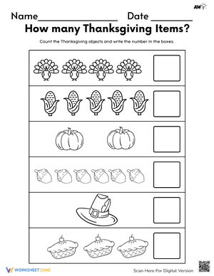 Thanksgiving Counting Worksheet: How Many Items?