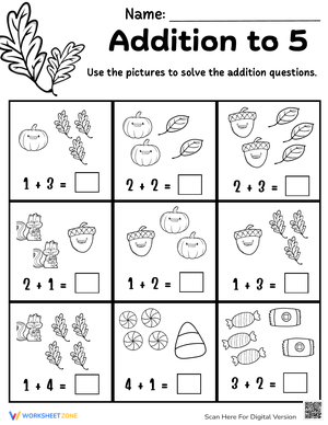 Thanksgiving Addition to 5 Worksheet: Math Fun