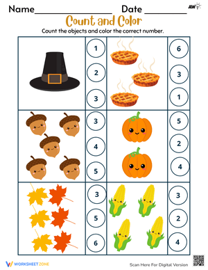 Thanksgiving Count and Color Worksheet: Holiday Fun