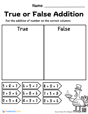 Thanksgiving True or False Addition Worksheet