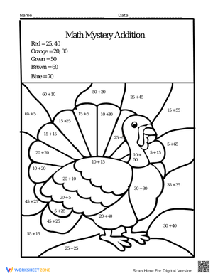 Thanksgiving Turkey Mystery Addition Worksheet