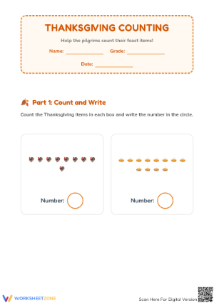 Printable Thanksgiving Counting Activity — Grade K-1