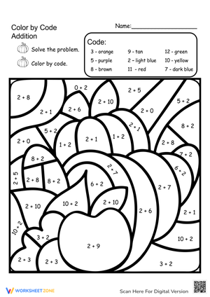 Thanksgiving Addition Color by Number Worksheet