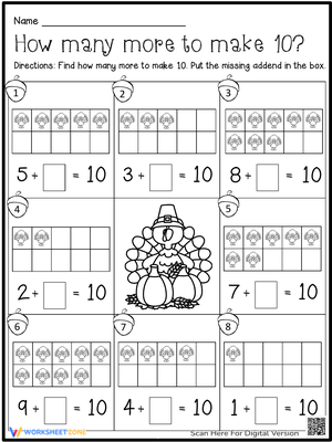 Thanksgiving Addition to 10 Worksheet
