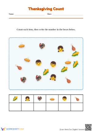 Printable Thanksgiving Counting Worksheet for Kindergarten Math